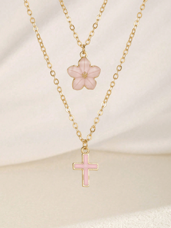 2pcs/Set Beautiful Sweet Five-Petal & Cross Pendant Necklace For Girls Summer Beach Party Holiday Travel Jewelry Accessory For Daily Wear