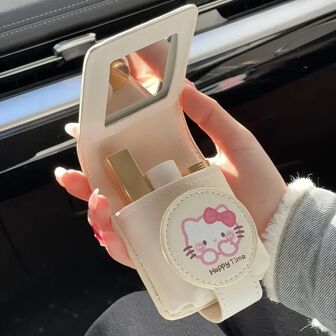  Sanrio For Hello Kitty Lipstick Storage Bag With Mirror - Kawaii Travel Organizer & Friendship Gift For College Women (Graduation Season), Foldable Design With Whimsical Print, Ideal For Organizing Beauty Essentials, Lipstick Holder|Playful Accessory|Durable Zipper Closure, For Hello Kitty Accessories