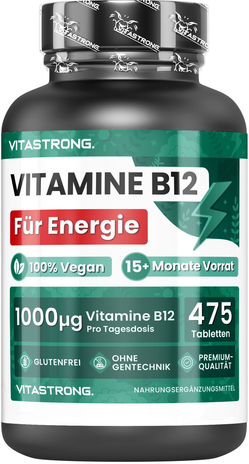 Vitastrong Vitamin B12 1000 µg, vegan, 475 Tabletten (Vorrat für über 15 Monate), für Energie, gegen Müdigkeit und zur Stärkung des Immunsystems, Premium-Qualität, gentechnikfrei