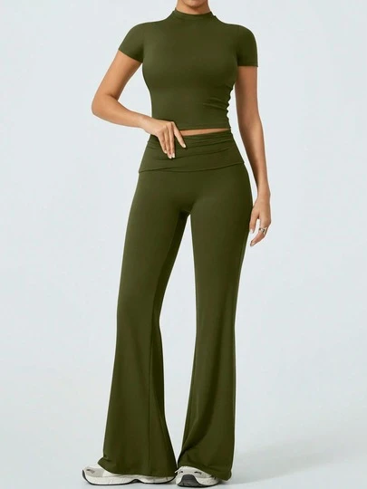 NcmRyu 女士弹力腰喇叭裤健身短袖上衣和裤子套装