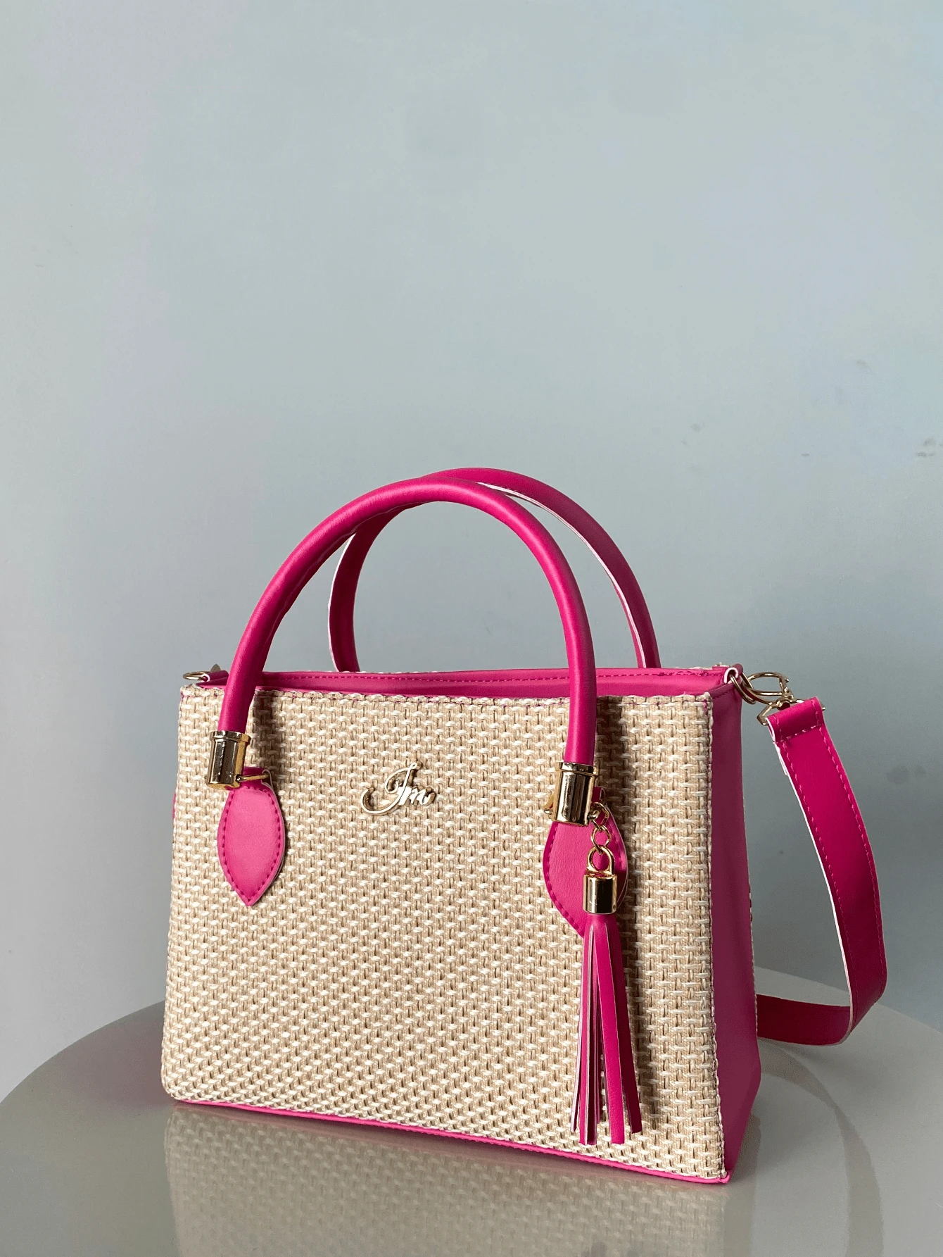 Lorena Women's Bicolor Straw Bag Beach Or Casual Bag Day And Night Elegant - 玫紅色 - 查看 1