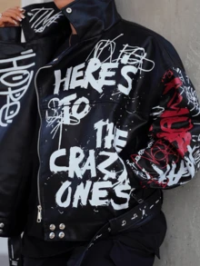SAYEHFBABY Chaqueta de estilo punk gótico con letras y grafitis de colores - Negro - Ver 5