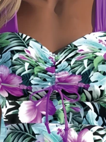 女士性感波西米亚碎花吊带背心，心形领口，交叉露背设计，抽绳细节，短裤下摆，适合沙滩穿着