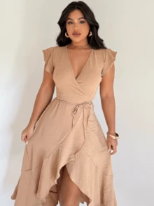 Simple Elegant Beige Wrap Dress Casual Boho Pleated Asymmetrical Ruffle Hem Wedding - Màu be - Xem 5