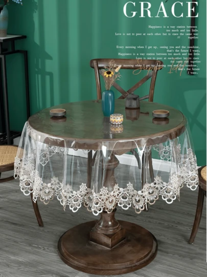 1pc Round PVC Lace Edge Tablecloth, Simple PVC Embroidered Lace Edge Waterproof Oilproof Tablecloth For Dining Table, Coffee Table, Various Size Round Desks, Household Decor And Wedding/Party Events