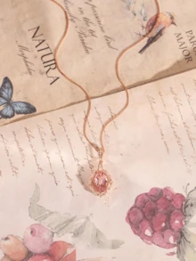 1pc Charming Pink Zirconia Flower Shaped 925 Sterling Silver Necklace For Women, Everyday Wear - Hoa hồng vàng - Xem 9