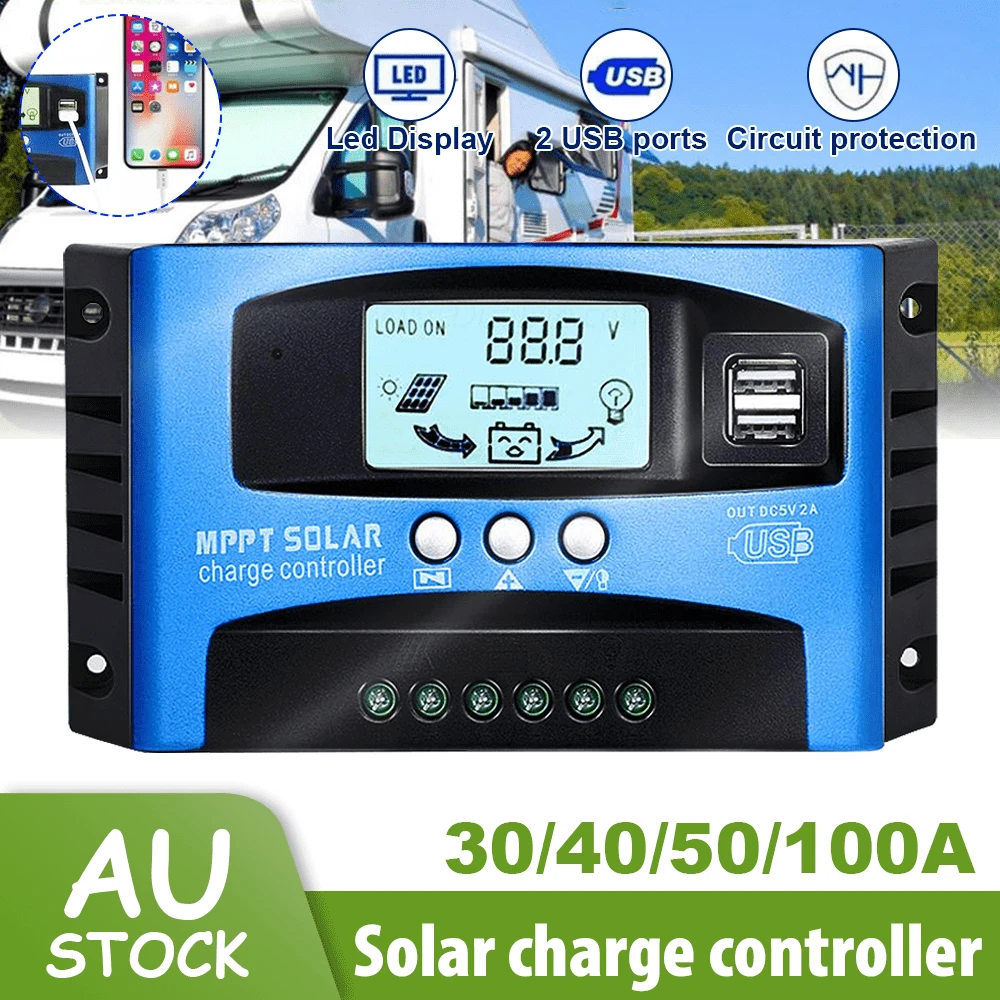 30/40/50/100A MPPT Solar Charge Controller 12V/24V Dual USB 5V/2A LCD Home Use - Blue - View 1