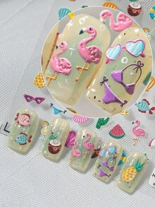 1 Sheet Summer Beach Themed 3D Embossed Nail Art Stickers, Featuring Elements Like Seashells, Coconut Juice, Watermelon, Swimwear, Suitable For DIY And Scrapbooking - Multicolor - View 6