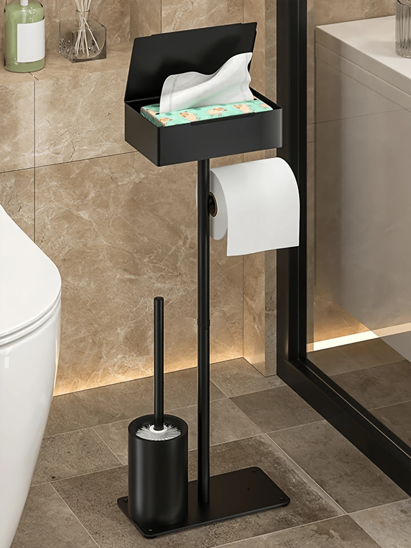 1 Pieza Soporte para pañuelos independiente con cepillo de baño y caja de almacenamiento de toallitas húmedas, Soporte para cepillo de baño, Soporte vertical para rollo de papel higiénico, Dispensador de papel higiénico sin taladro, Organizador de baño ahorra espacio, Estante moderno para papel higiénico