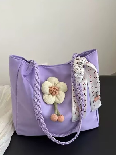Bolso de hombro tejido con decoración de flores cute de unicolor a la moda, con bufandas, adecuado para compras, carteras, jóvenes, estudiantes universitarias, recién llegados, trabajadores de cuello blanco. Muy apropiado para oficinas, universidades, trabajo, negocios, transporte, al aire libre, viajes y salidas