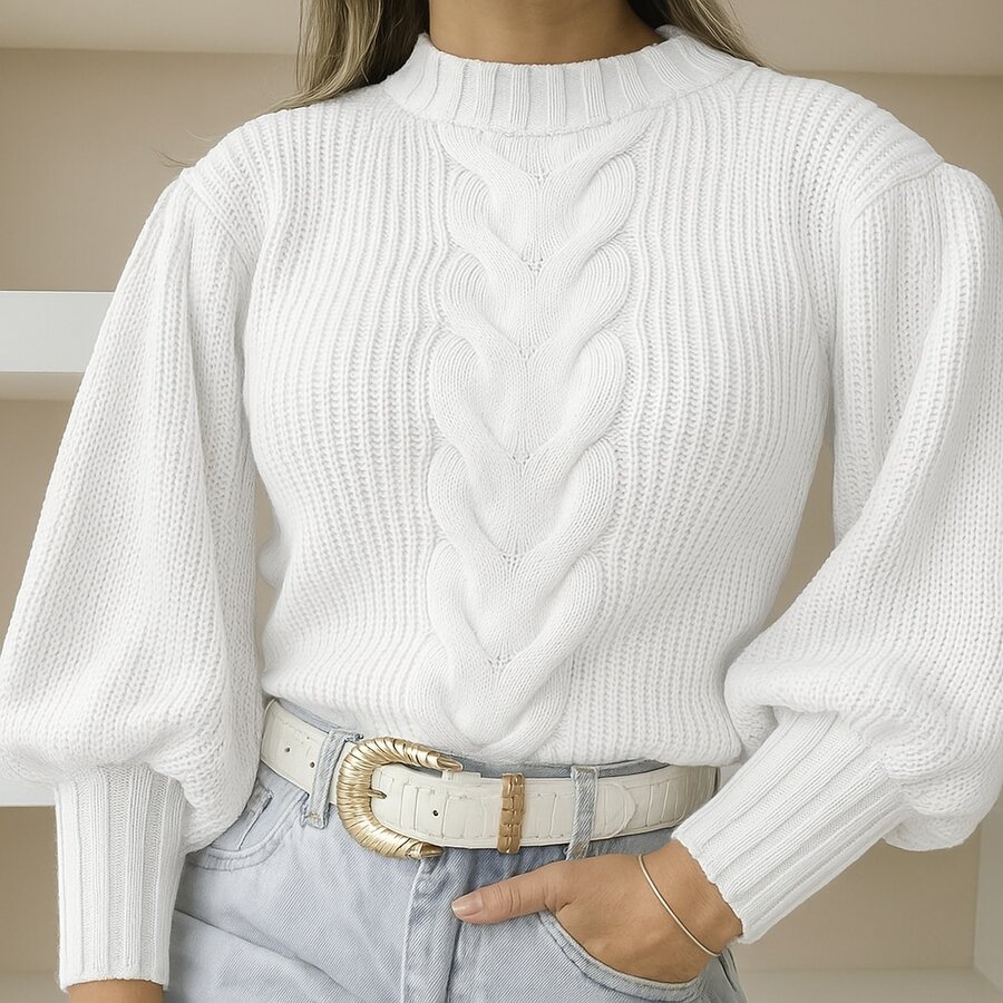 Women's Blogger Style Cold Weather Blouse With Braid 2025 Knitted Blouse With Puff Sleeves - White - View 1