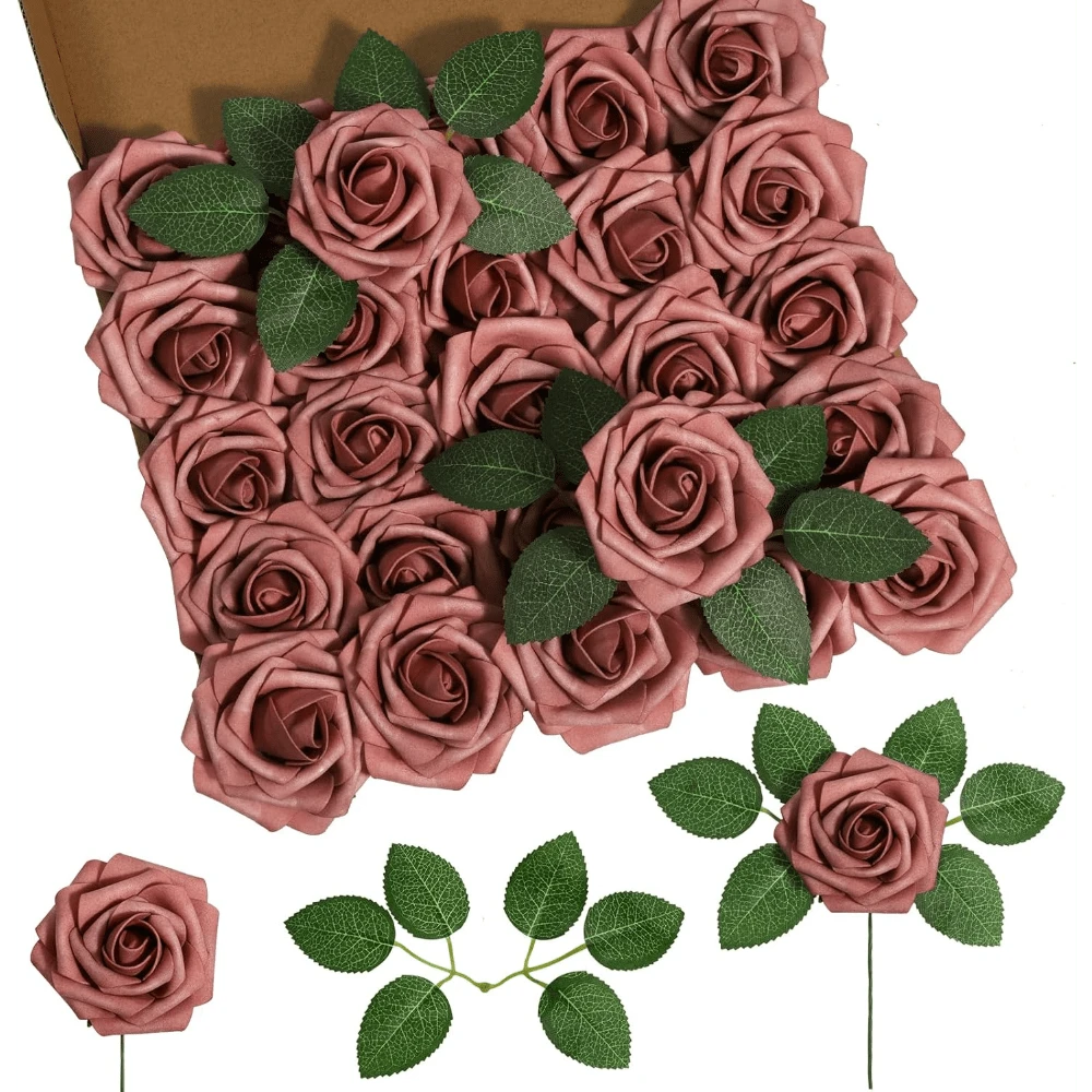 25Pcs Artificial Roses Flowers Fake Roses With Stems Real Touch Foam Flowers For DIY Wedding Bouquet Baby Shower Centerpiece Floral Arrangement Party Home Decor(Dark Red) - Dusty Rose - View 1