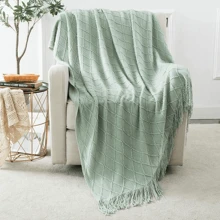 1pc Sage Green Light Weight Knitted Throw Blanket, Suitable For Sofa, Bohemian Home Decor, Couch Living Room, 50" X 60"