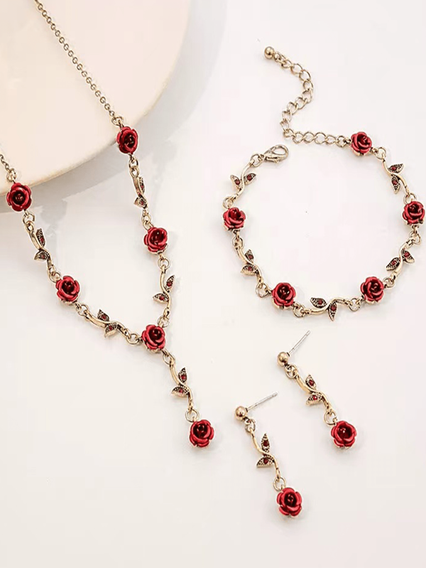 1 Pc Light Luxury Retro Style Red Rose Earring Bracelet Necklace Set, Suitable For Women To Wear On Dates, Parties, And Daily Occasions