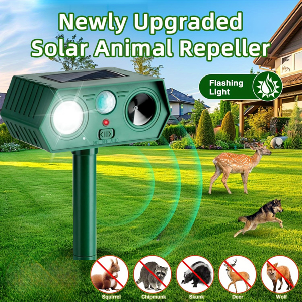 1pc Outdoor Solar Powered Animal Repellent, High Power Ultrasonic Pest Repeller, Infrared Sensor, Wide Coverage, Dual-Mode Repelling, Solar Charging, IP44 Waterproof, Effectively Repels Squirrels, Snakes, Mice, Wild Cats, Dogs And More, Suitable For Outdoor Yards, Villas, Soccer Fields, Parks, Gardens, Farms And More