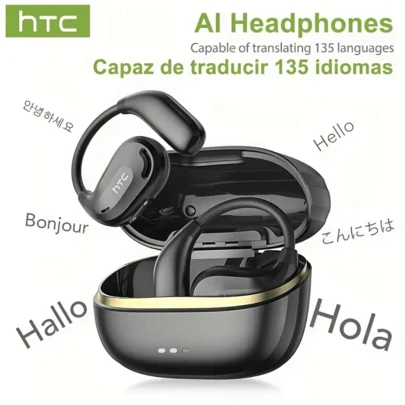 HTC Auriculares inalámbricos de traductor IA NE18: Auriculares inalámbricos de IA que pueden traducir instantáneamente 135 idiomas, con una batería de larga duración, calidad de audio de alta definición, cancelación de ruido de llamadas, diseño portátil, adecuado para aprendizaje, ejercicio, negocios y viajes.