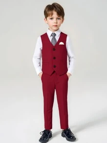 Conjunto de 2 piezas traje de caballero para niños - Chaleco rojo + Pantalones + Corbata, adecuado para fiesta de cumpleaños, evento formal, boda, festividad