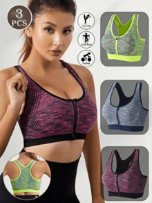 3pcs/Set Women's Wireless Sports Bra, Quick Dry, Shock Resistant, Zipper Front Yoga Padless Racerback Top - Multicolor - View 1