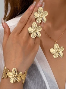 Conjunto de 4/3/2 peças de pulseira larga floral minimalista e elegante, brincos de pino, joias de anel para férias na praia, encontros, festas, banquetes e uso diário
