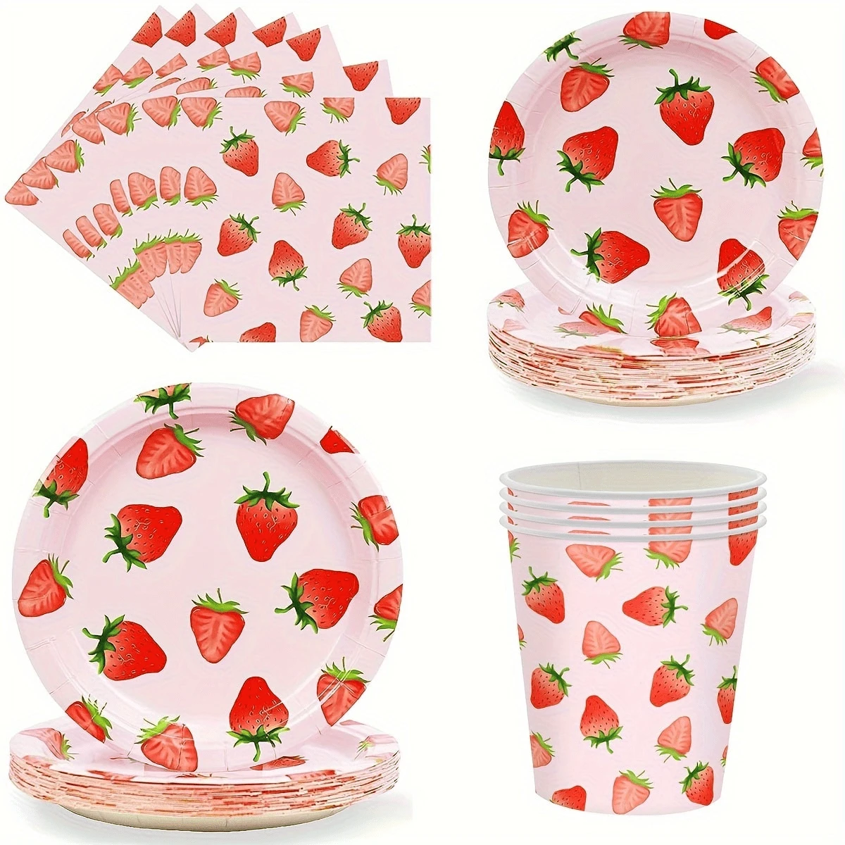 EcoParty Strawberry Themed Disposable Tableware Set - Paper Plates, Paper Cups, Napkins, Suitable For Bridal Shower, Birthday, Retirement, Appetizer, Wedding - Pink - View 1