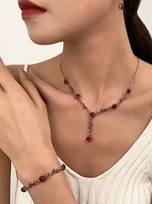 1 Pc Light Luxury Retro Style Red Rose Earring Bracelet Necklace Set, Suitable For Women To Wear On Dates, Parties, And Daily Occasions