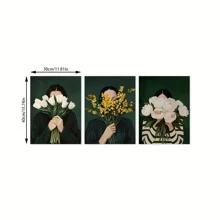 3pcs Optional Frame Canvas Print Decorative Painting,Emerald Green Floral Women Stripe Abstract Wall Arts Posters,Vintage Japandi Eclectic Art Style,Suitable For Living Room, Bedroom,Ideal Wall Art Home Decor Gifts
