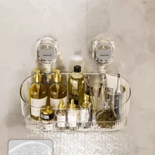 1 pieza Estante de almacenamiento con ventosa de plástico enchapado, cesta colgante para gel de ducha/artículos de tocador/cosméticos para baño, organizador de pared para volver a la escuela
