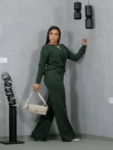 Women's Winter Set, Long Sleeve Blouse And Wide Leg Pants - xanh quân đội - Xem 4