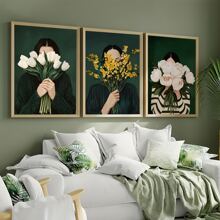 3pcs Optional Frame Canvas Print Decorative Painting,Emerald Green Floral Women Stripe Abstract Wall Arts Posters,Vintage Japandi Eclectic Art Style,Suitable For Living Room, Bedroom,Ideal Wall Art Home Decor Gifts