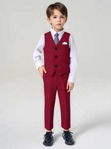 Conjunto de 2 piezas traje de caballero para niños - Chaleco rojo + Pantalones + Corbata, adecuado para fiesta de cumpleaños, evento formal, boda, festividad