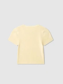 Women's Butter Yellow Short Sleeve Casual Knit Cropped Tee, Summer - Yellow - View 2