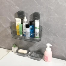 1 pieza Estante de almacenamiento con ventosa de plástico enchapado, cesta colgante para gel de ducha/artículos de tocador/cosméticos para baño, organizador de pared para volver a la escuela