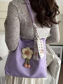 时尚纯色可爱花卉装饰编织单肩包，配有丝巾，适合购物、携带钱包、休闲外出，适合年轻女性、大学生、新婚夫妇、白领等。也非常适合办公室、大学、工作、商务、通勤、户外、旅行和徒步等场合。可爱，紫色，卡哇伊 - 紫色 - 查看 4