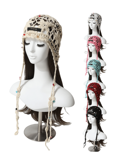 1pc Women Bohemian Floral Tassel Crystal Beads Handmade Knitted Hat, Turban Headband, Vintage Hollow Out Beanies Cap, Versatile Fashion