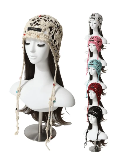 1pc Women Bohemian Floral Tassel Crystal Beads Handmade Knitted Hat, Turban Headband, Vintage Hollow Out Beanies Cap, Versatile Fashion