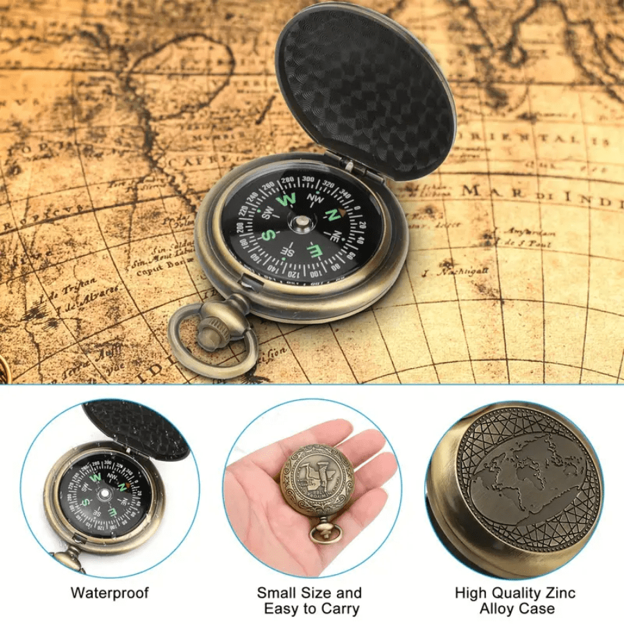 Vintage Bronze Wasserdichter Zinklegierung Kompass mit leuchtender Anzeige - Batterielos, ideal für Wandern und Outdoor-Abenteuer, Klapphülle, Navigationsgerät, Bergsteigen
