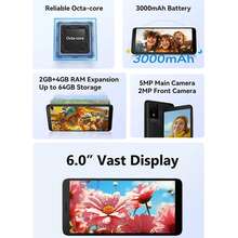 TCL Điện thoại thông minh 501 Global Unlocked 4G CPU 8 nhân 2.2Ghz Tần số chính Bộ nhớ RAM 6GB (Mở rộng RAM 2+4GB)+ROM 64GB, Màn hình 6" Camera 5MP+2MP Pin 3000mAh - ĐEN TỐT - Xem 4