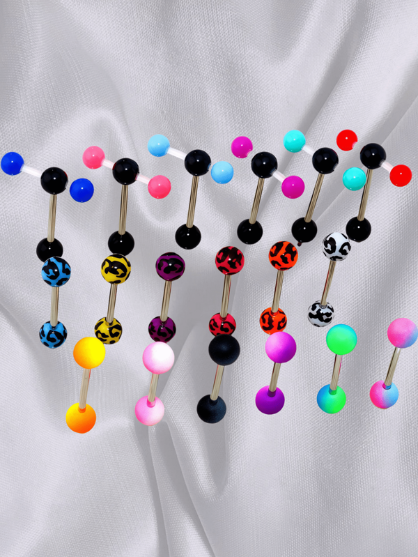 6 pièces Anneaux de langue floraux, Piercings de langue émaillés, Anneaux de langue imprimés léopard, Anneaux de langue amusants, Bijoux de piercing 14G