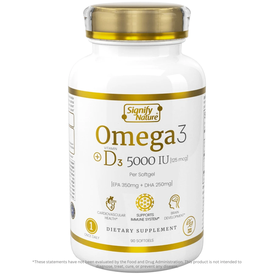 Omega 3 Fish Oil Supplement With Vitamin D3 5000 I.U - Omega 3 + D3 By Signify Nature | Fish Oil 1000mg Triglyceride Capsules For Brain Health And Cardiovascular Heart Health- Omega3 EPA DHA + VIT D 3 - 90 CT Softgels - 無味 - 查看 1