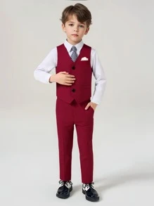 Conjunto de 2 piezas traje de caballero para niños - Chaleco rojo + Pantalones + Corbata, adecuado para fiesta de cumpleaños, evento formal, boda, festividad