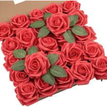 25Pcs Artificial Roses Flowers Fake Roses With Stems Real Touch Foam Flowers For DIY Wedding Bouquet Baby Shower Centerpiece Floral Arrangement Party Home Decor(Dark Red) - 紅色 - 查看 1