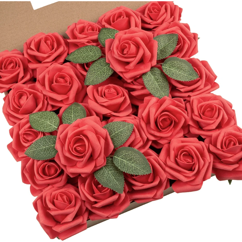 25Pcs Artificial Roses Flowers Fake Roses With Stems Real Touch Foam Flowers For DIY Wedding Bouquet Baby Shower Centerpiece Floral Arrangement Party Home Decor(Dark Red) - 紅色 - 查看 1