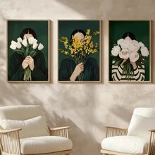 3pcs Optional Frame Canvas Print Decorative Painting,Emerald Green Floral Women Stripe Abstract Wall Arts Posters,Vintage Japandi Eclectic Art Style,Suitable For Living Room, Bedroom,Ideal Wall Art Home Decor Gifts