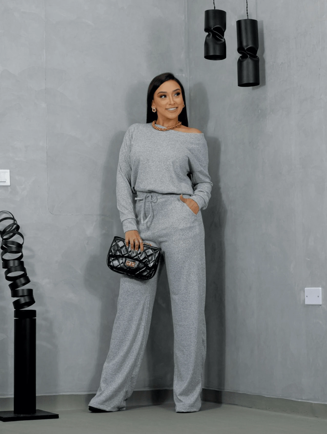 Women's Winter Set, Long Sleeve Blouse And Wide Leg Pants - 灰色 - 查看 1
