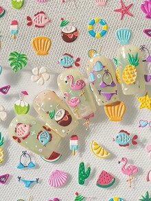 1 Sheet Summer Beach Themed 3D Embossed Nail Art Stickers, Featuring Elements Like Seashells, Coconut Juice, Watermelon, Swimwear, Suitable For DIY And Scrapbooking - Multicolor - View 3