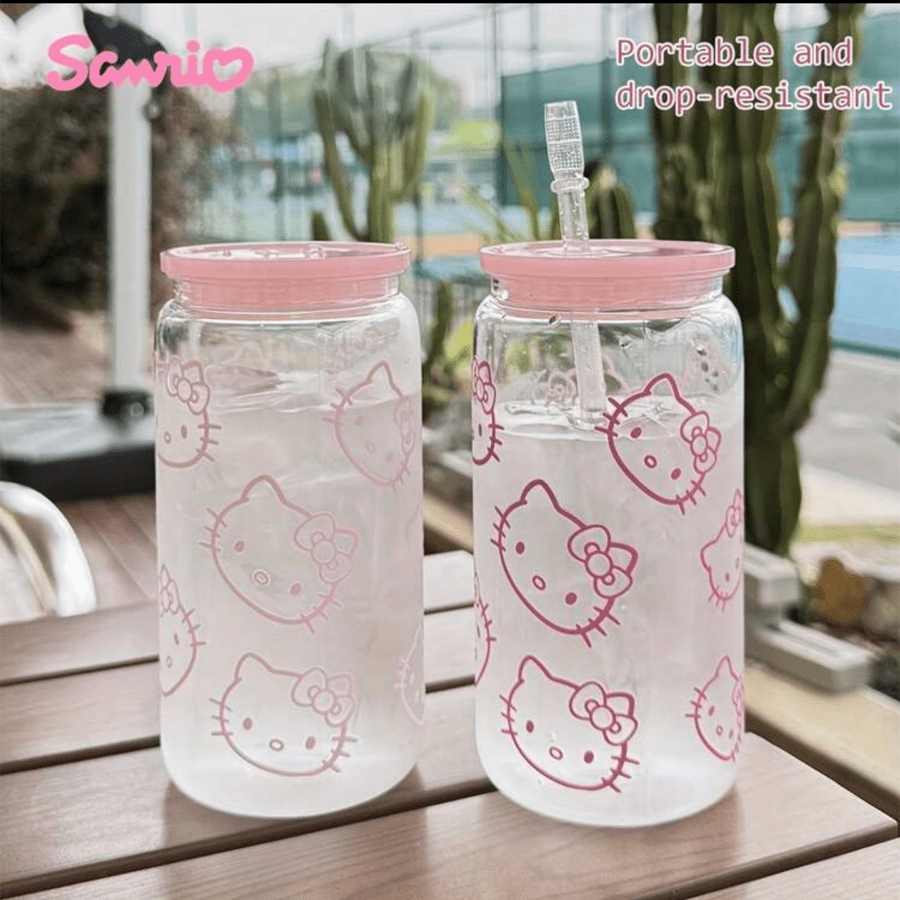 Sanrio Sanrio Hello Kitty Sommer transparente rosa Wasserflasche mit Strohhalm, geeignet für Outdoor-Reisen, Zuhause, Sport, Pendeln, süßes Katzenmuster, geeignet als Geburtstagsgeschenk für sie