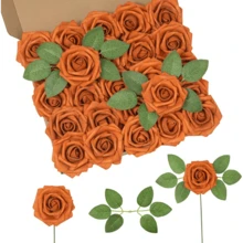 25Pcs Artificial Roses Flowers Fake Roses With Stems Real Touch Foam Flowers For DIY Wedding Bouquet Baby Shower Centerpiece Floral Arrangement Party Home Decor(Dark Red) - Burnt Orange - View 1