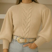 Women's Blogger Style Cold Weather Blouse With Braid 2025 Knitted Blouse With Puff Sleeves - Cream - View 1