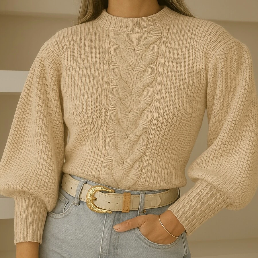 Women's Blogger Style Cold Weather Blouse With Braid 2025 Knitted Blouse With Puff Sleeves - Cream - View 1