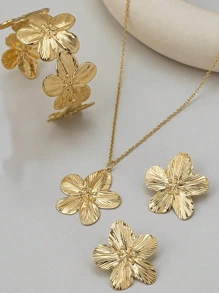 Conjunto de 4/3/2 peças de pulseira larga floral minimalista e elegante, brincos de pino, joias de anel para férias na praia, encontros, festas, banquetes e uso diário